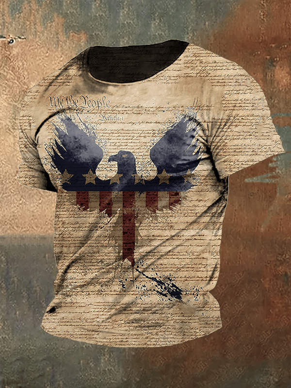 Men's Independence Day American Flag Button Short Sleeve T-Shirt