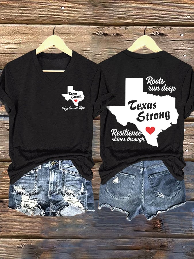 ππJoin us in praying for Texas.πV-Neck Retro Texas Strong Together We Rise Roots Run Deep Texas Strong Resilience Shines Through Print T-Shirt