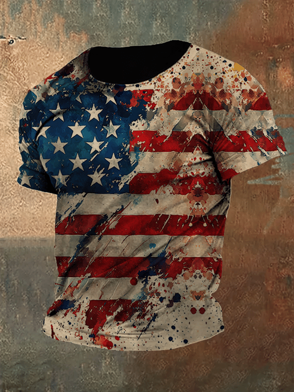 Men's Independence Day American Flag Button Short Sleeve T-Shirt