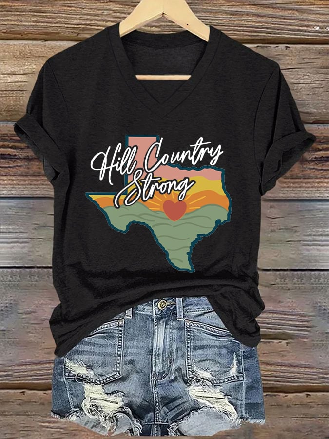 ππJoin us in praying for Texas.πV-Neck Retro Texas Strong Hill Country Strong Print T-Shirt