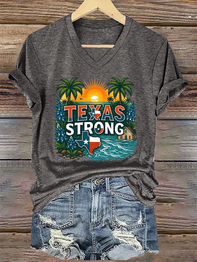 ππJoin us in praying for Texas.πV-Neck Retro Texas Strong Palm Trees Print T-Shirt