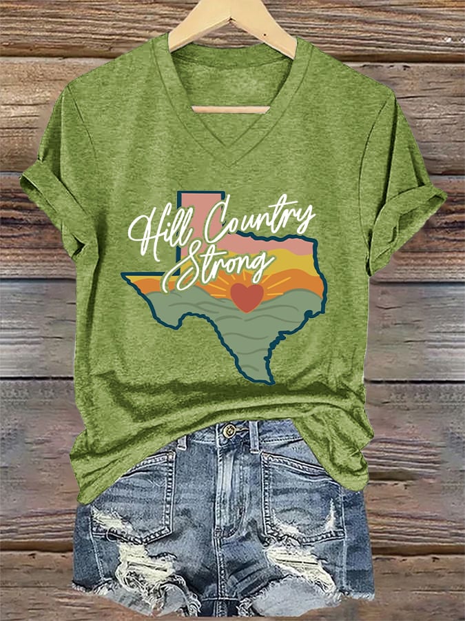 ππJoin us in praying for Texas.πV-Neck Retro Texas Strong Hill Country Strong Print T-Shirt