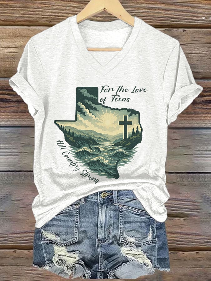 ππJoin us in praying for Texas.πV-Neck Retro For The Love Of Texas Hill Country Strong Print T-Shirt