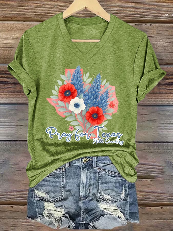 ππJoin us in praying for Texas.πV-Neck Retro Texas Strong Pray For Texas Hill Country Print T-Shirt