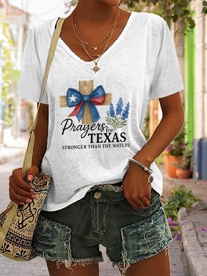 ππJoin us in praying for Texas.πV-Neck Retro Texas Strong Prayers For Texas Stronger Than The Waters Faith Cross Print T-Shirt