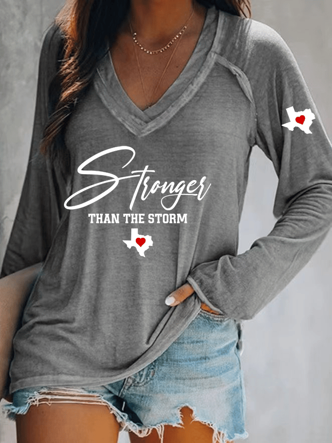Women's Texas Stronger Than The Storm Printed V-Neck T-Shirt