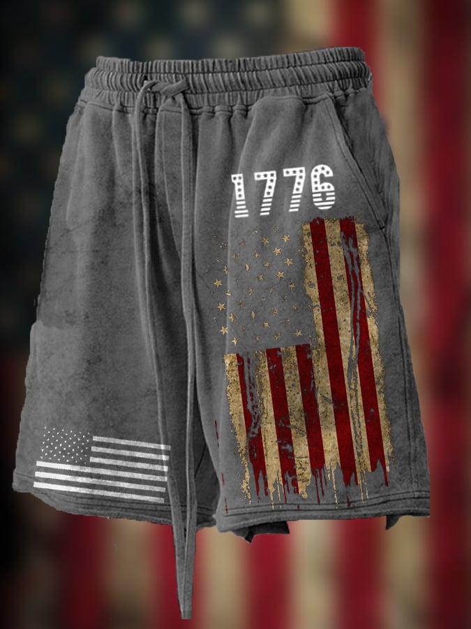 Men's Vintage Hemmed American Flag Independence Day Print Loose Shorts