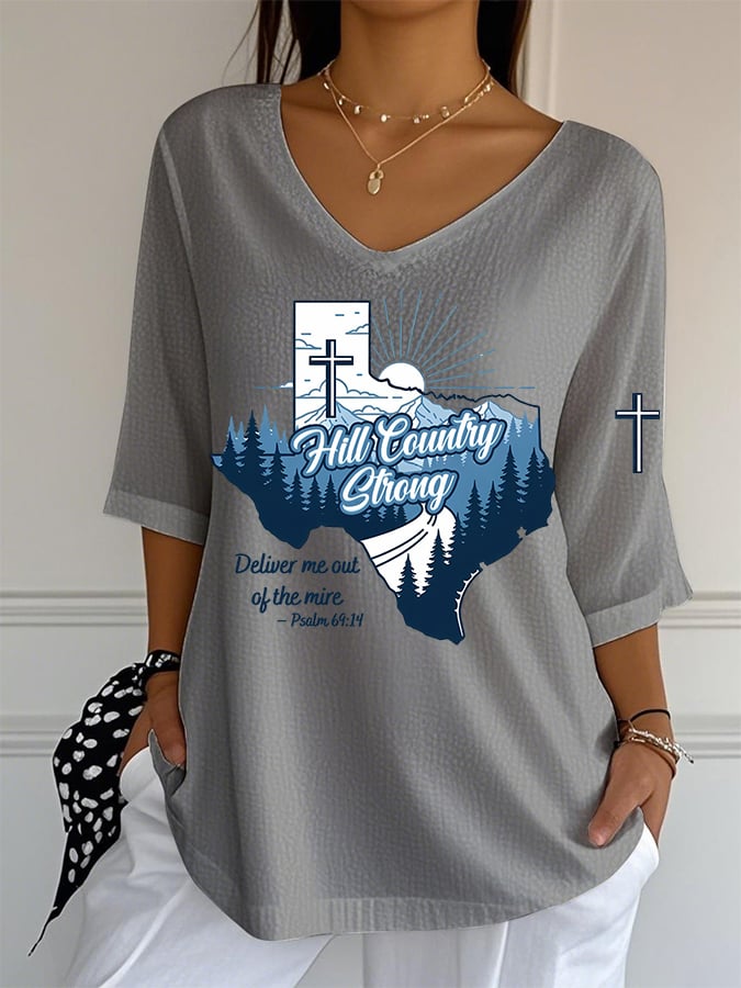 ππJoin us in praying for Texas.πV-Neck Hill Country Strong Deliver Me Out Of The Mire Print T-Shirt