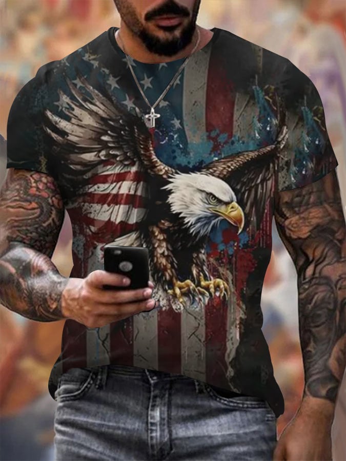 Men's Vintage Independence Day and Skull Print Short Sleeve T-Shirt