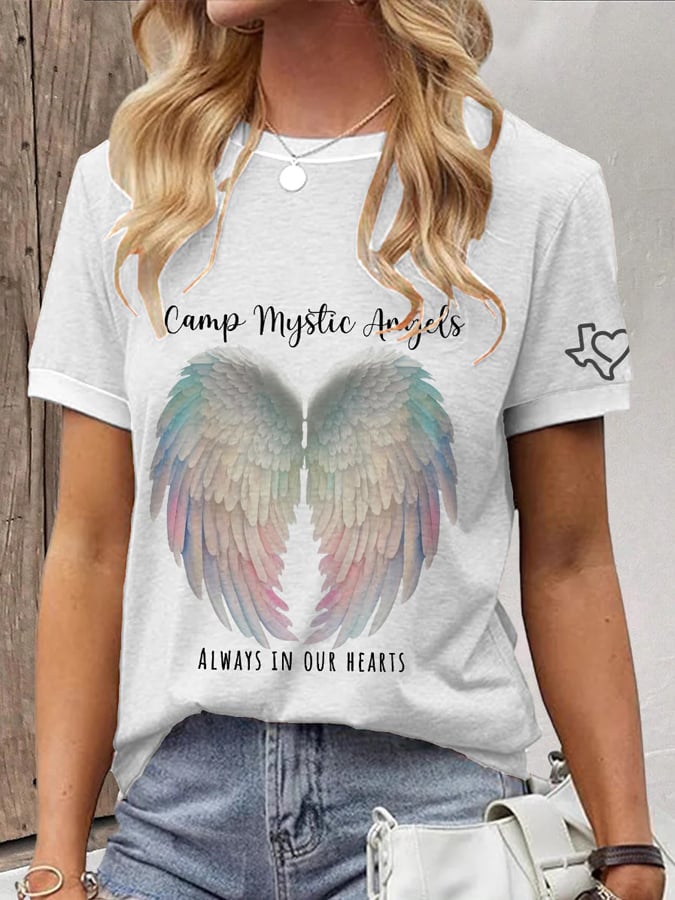 Women's Camp Mystic Angels Always In Our Hearts Print Crew Neck T-Shirt