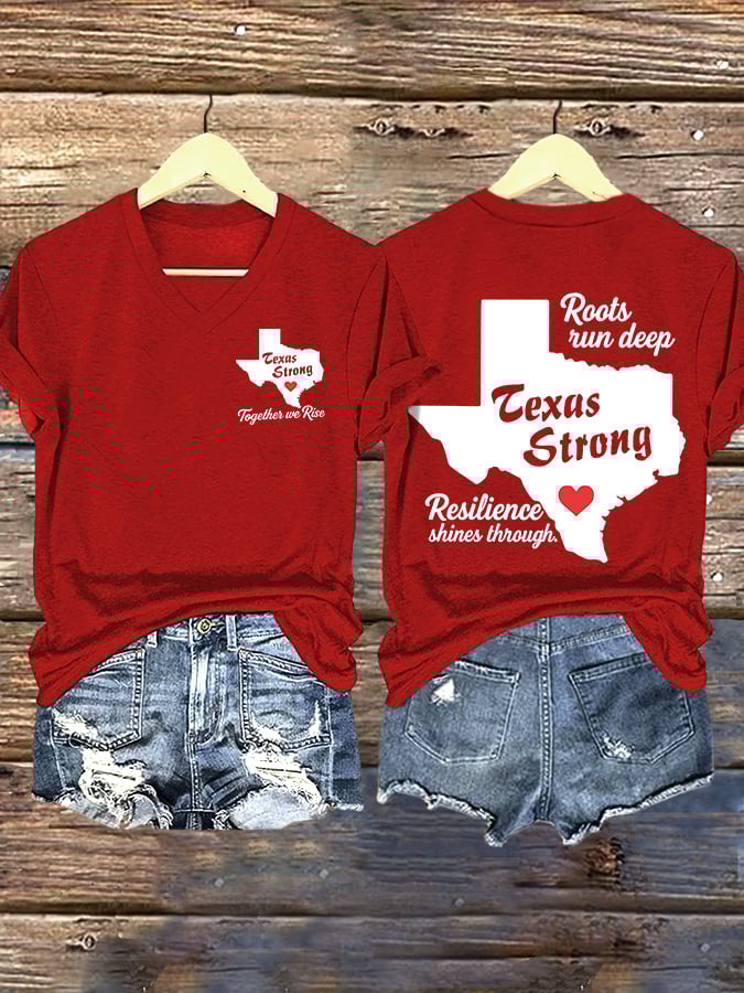 ππJoin us in praying for Texas.πV-Neck Retro Texas Strong Together We Rise Roots Run Deep Texas Strong Resilience Shines Through Print T-Shirt
