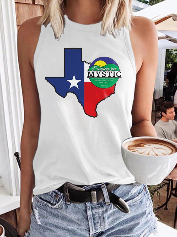 🙏💔Join us in praying for Texas.🙏Retro Texas Strong Praying For Mystic The Light Shines In The Darkness, And The Darkness Has Not Overcome It. John 1:5 Print Tops Tank