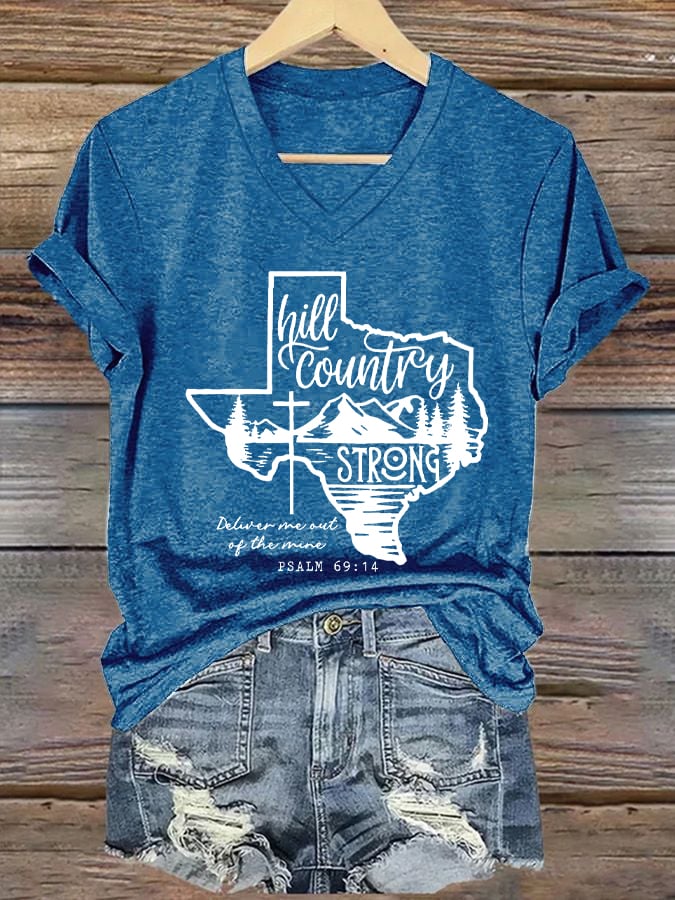 🙏💔Join us in praying for Texas.🙏Women's Texas Hill Country Strong Print V-Neck T-Shirt