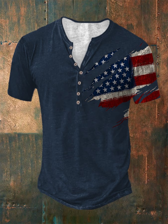 Casual Button Neck Short Sleeve Printed T-Shirt