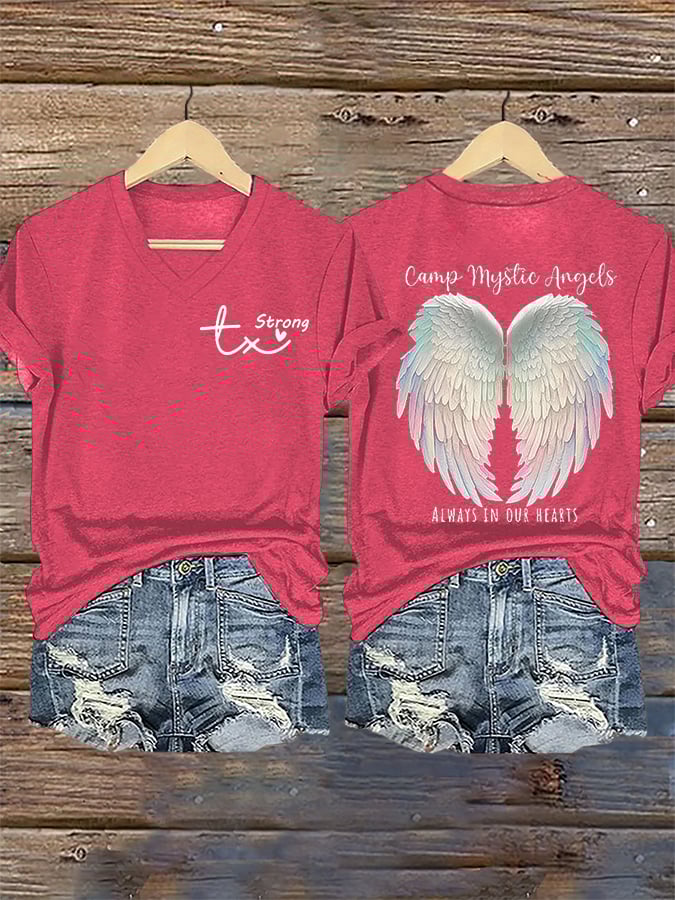 🙏💔Join us in praying for Texas.🙏Women's Mysterious Camp Angels Are Forever in Our Hearts Printed Casual T-shirt