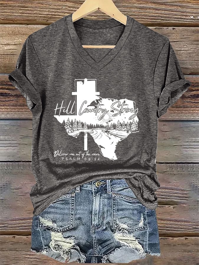 ππJoin us in praying for Texas.πV-Neck Retro Texas Strong Hill Country Strong Deliver Me Out Of The Mire Psalm 69:14 Print T-Shirt
