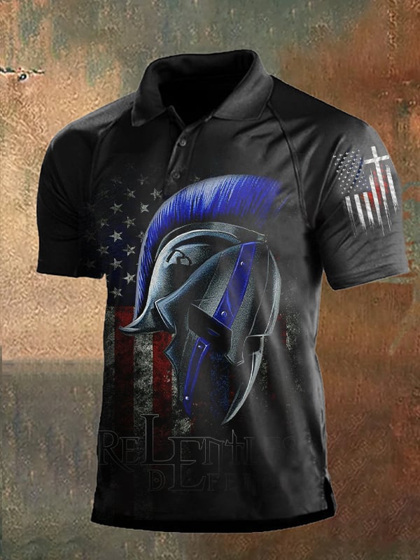 Men's Vintage Independence Day and Skull Print Button-Down Polo Shirt