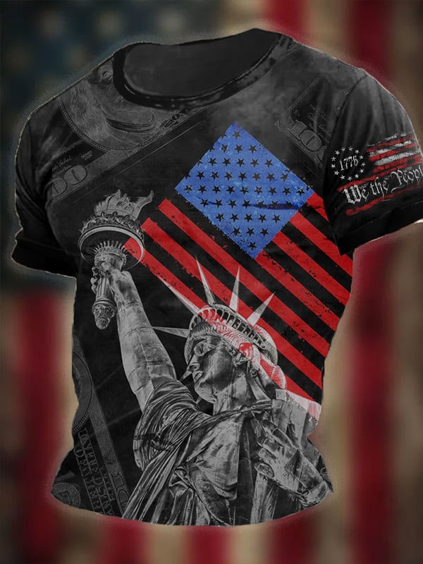 Men's Vintage Independence Day Skull Print Short Sleeve T-Shirt