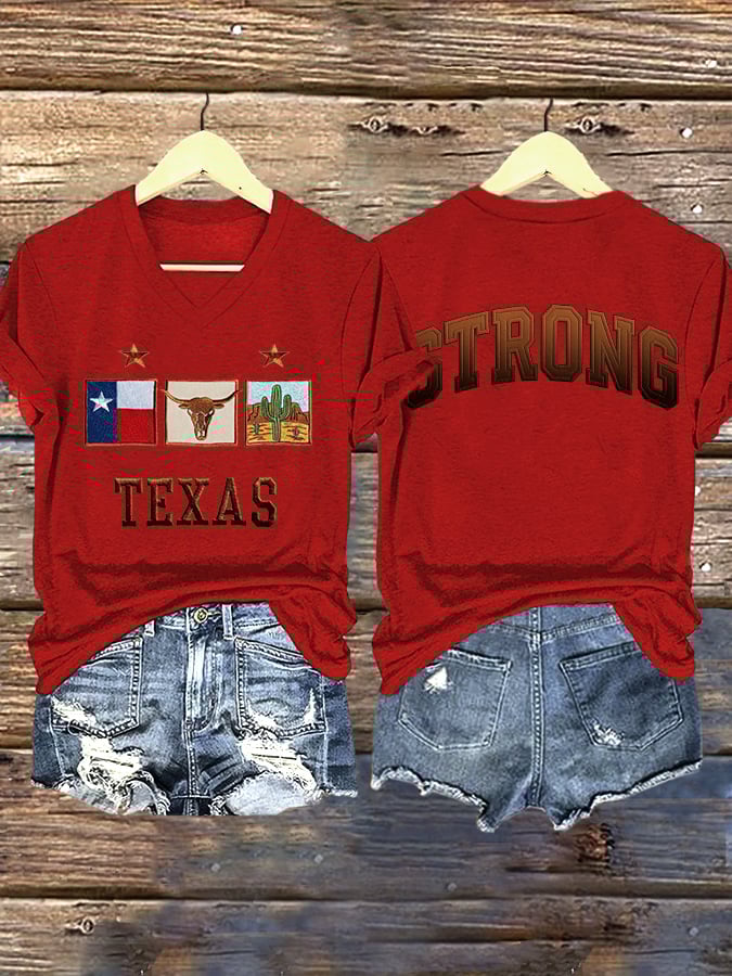 ππJoin us in praying for Texas.πV-Neck Retro Texas Strong Print T-Shirt