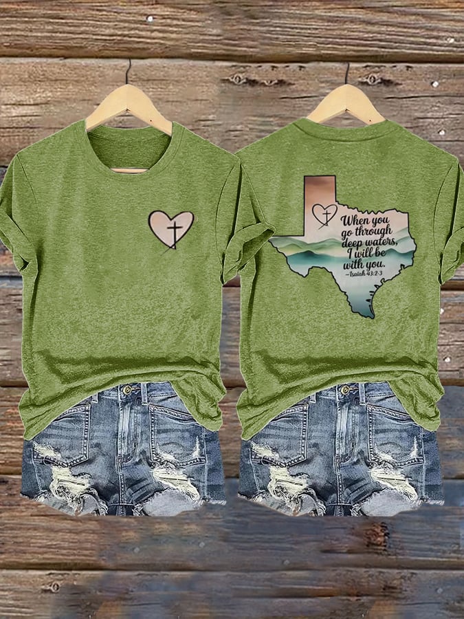 🙏💔Join us in praying for Texas.🙏Women's When You Go Through Deep Waters, I Will Be With You. Isaiah 43:2 Faith Printed T-Shirts