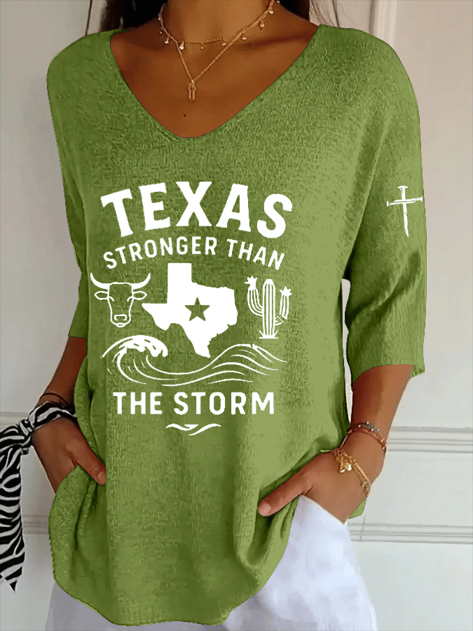 Women's Texas Stronger Than The Storm Striped Fabric Casual V Neck T-Shirt