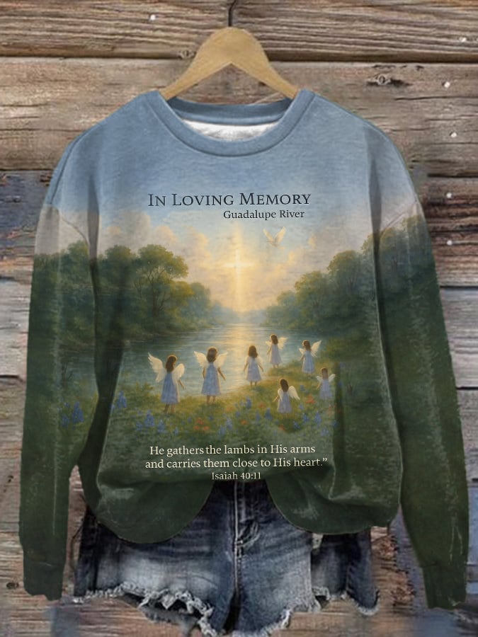 🙏💔Join us in praying for Texas.🙏Retro In Loving Memory Guadalupe River He Gathers The Lambs In His Arms And Carries Them Close To His Hear Isaiah 40:11 Print Sweatshirt