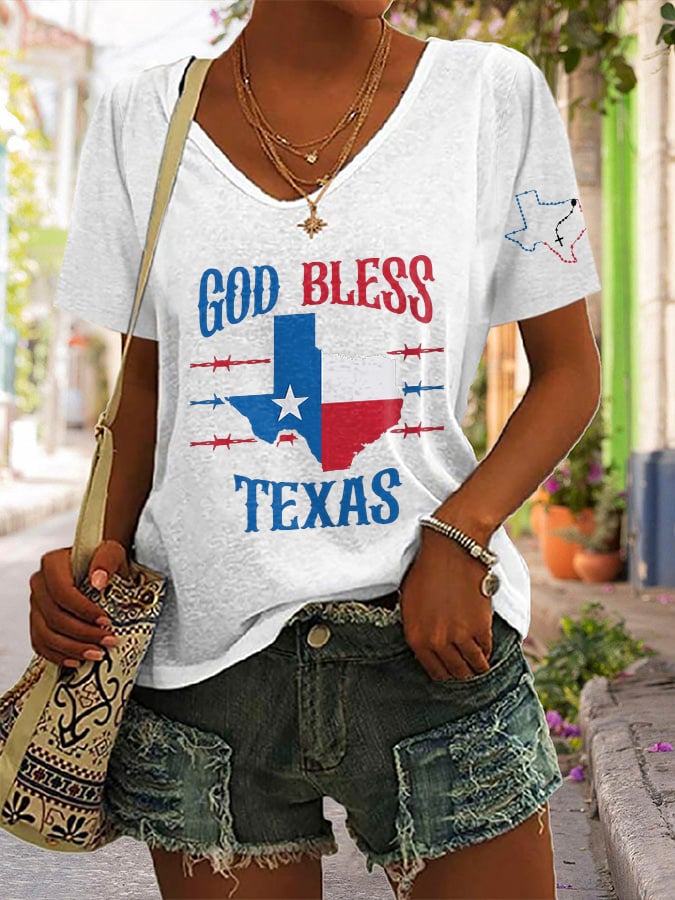 ππJoin us in praying for Texas.πV-Neck Retro Texas Strong God Bless Texas Print T-Shirt