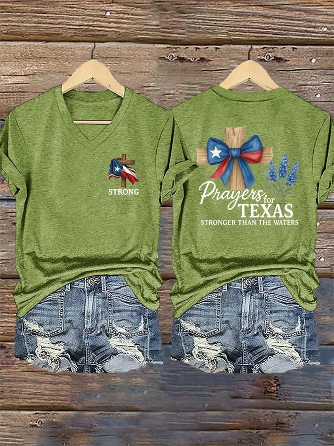 ππJoin us in praying for Texas.πV-Neck Retro Texas Strong Prayers For Texas Stronger Than The Waters Faith Cross Print T-Shirt