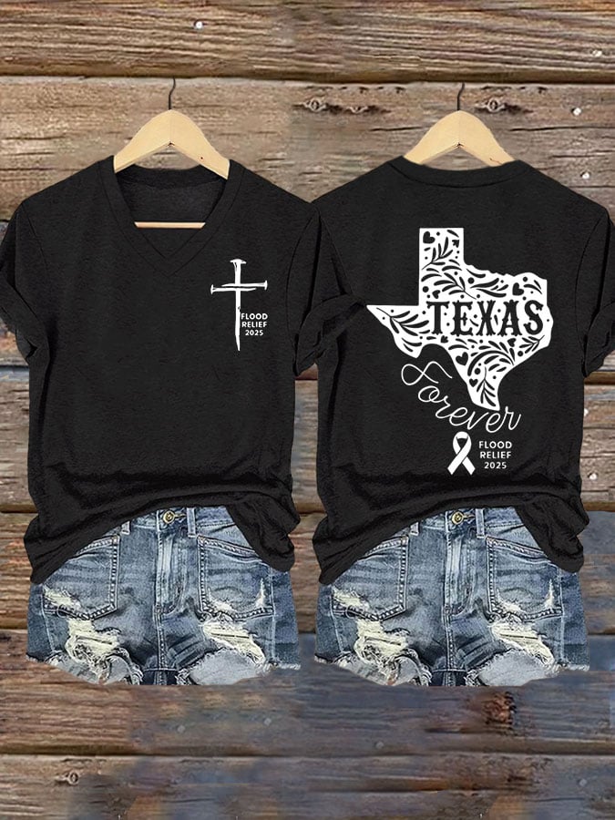 Women's Texas Flood TEXAS Forever Print V-Neck T-Shirt