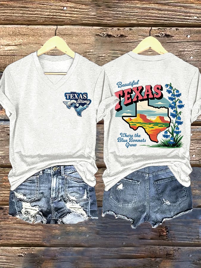 ππJoin us in praying for Texas.πV-Neck Retro Texas Strong Beautiful Texas Where The BlueBonnets Grow Print T-Shirt