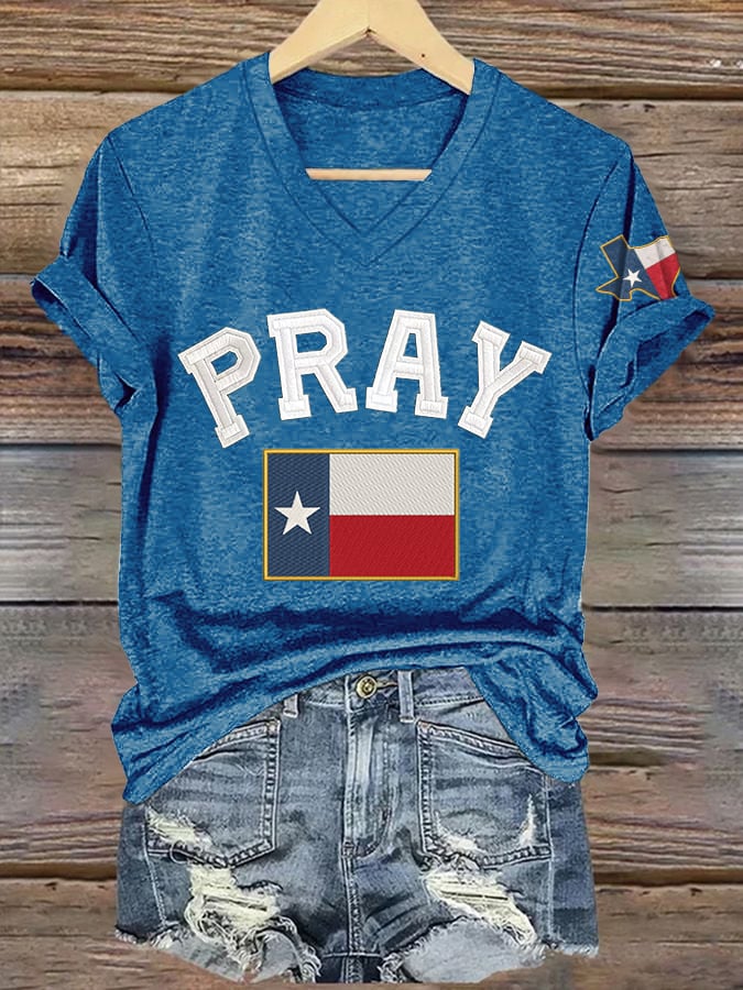 V-Neck Retro Pray For Texas Texas Strong Print T-Shirt
