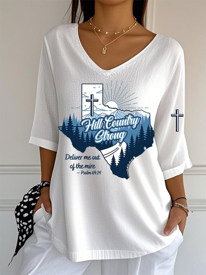 ππJoin us in praying for Texas.πV-Neck Hill Country Strong Deliver Me Out Of The Mire Print T-Shirt