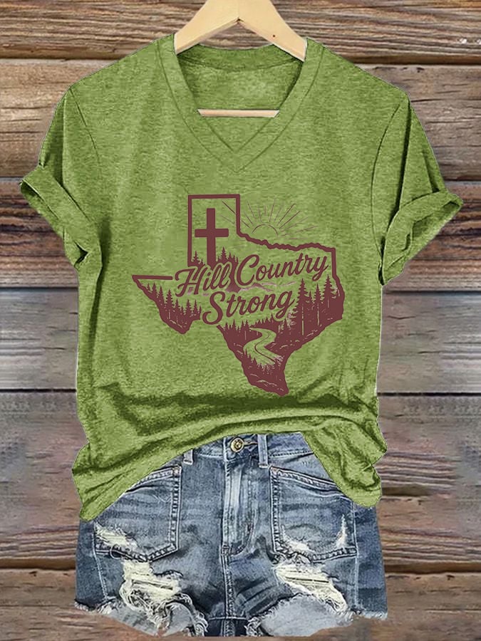 🙏💔Join us in praying for Texas.🙏Women's Texas Hill Country Strong Print V-Neck T-Shirt