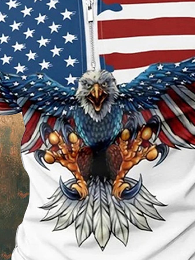 Men's Vintage American Flag Print Casual Polo Shirt