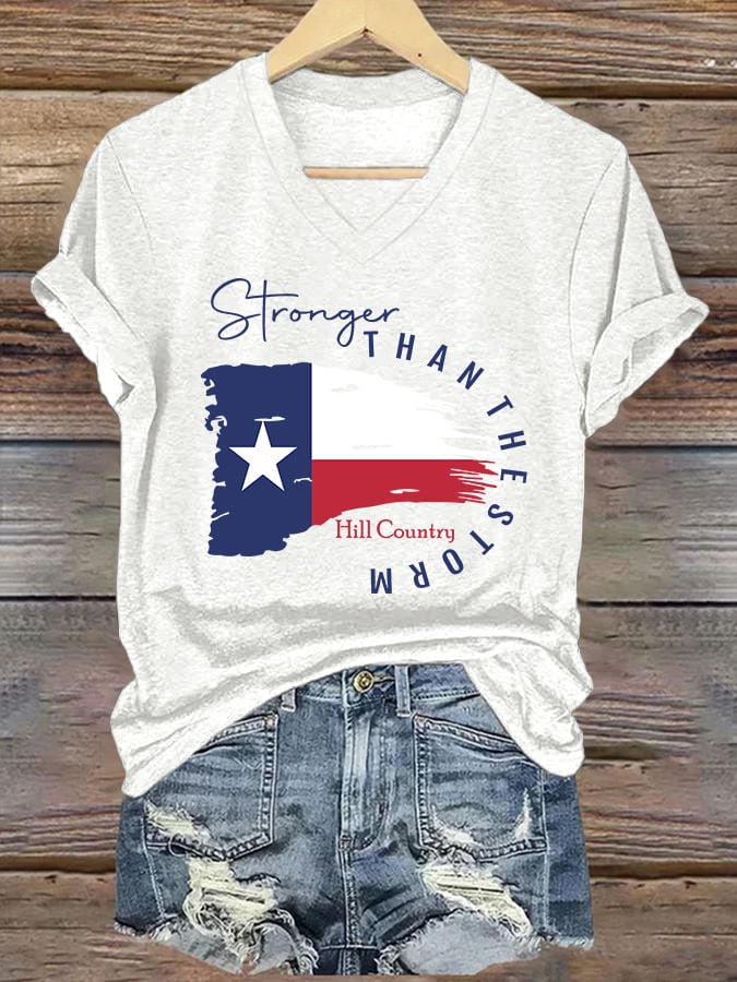 ππJoin us in praying for Texas.πV-Neck Retro Texas Strong Hill Country Stronger Than The Storm Print T-Shirt