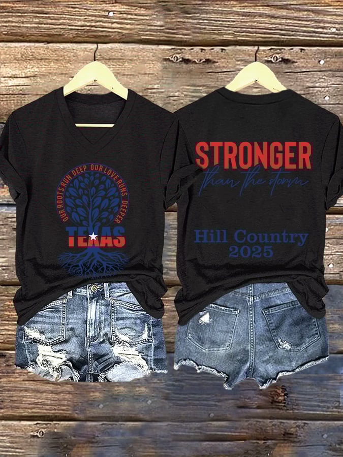 ππJoin us in praying for Texas.πV-Neck Retro Our Roots Run Deep Our Love Runs Deeper Texas Stronger Than The Storm Kerrville 2025 Print T-Shirt