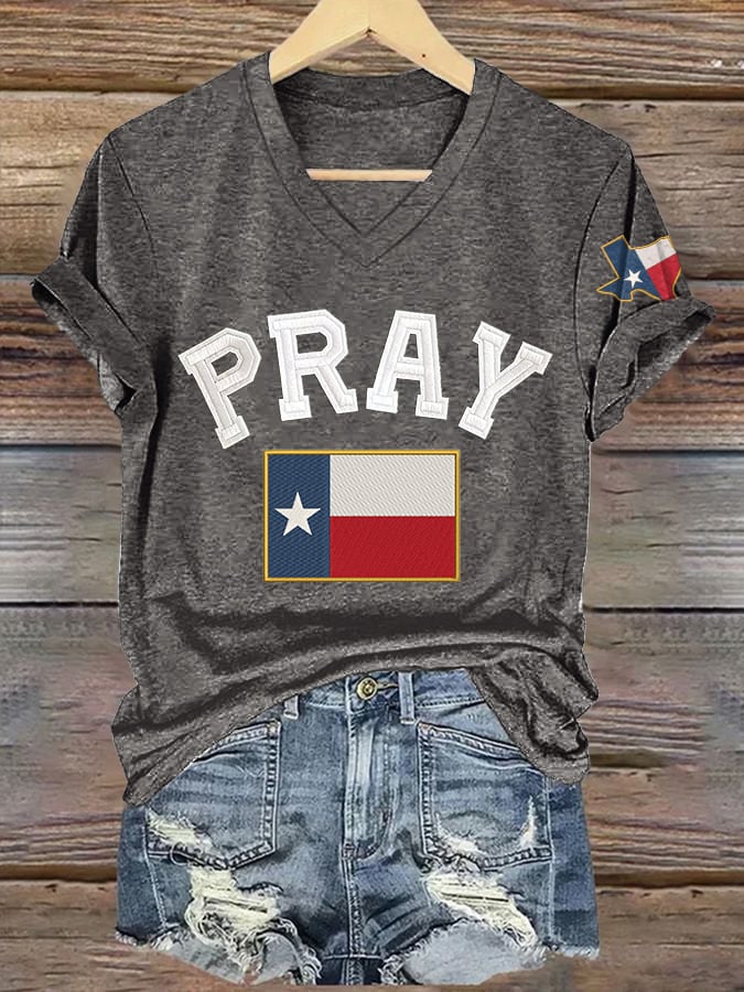 V-Neck Retro Pray For Texas Texas Strong Print T-Shirt