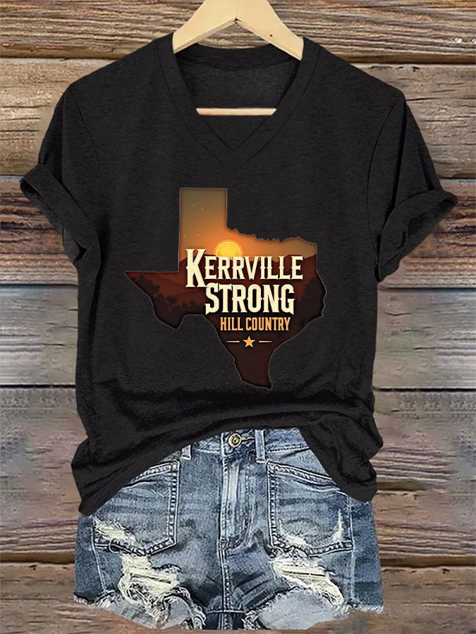 ππJoin us in praying for Texas.πV-Neck Retro Kerrville Strong Hill Country StrongPrint T-Shirt