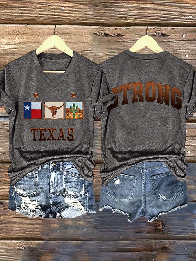 ππJoin us in praying for Texas.πV-Neck Retro Texas Strong Print T-Shirt