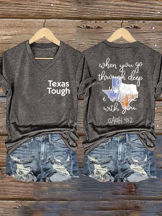 ππJoin us in praying for Texas.πV-Neck Retro Texas Tough When You Go Through Deep Waters, I Will Be With You. Isaiah 43:2 Print T-Shirt