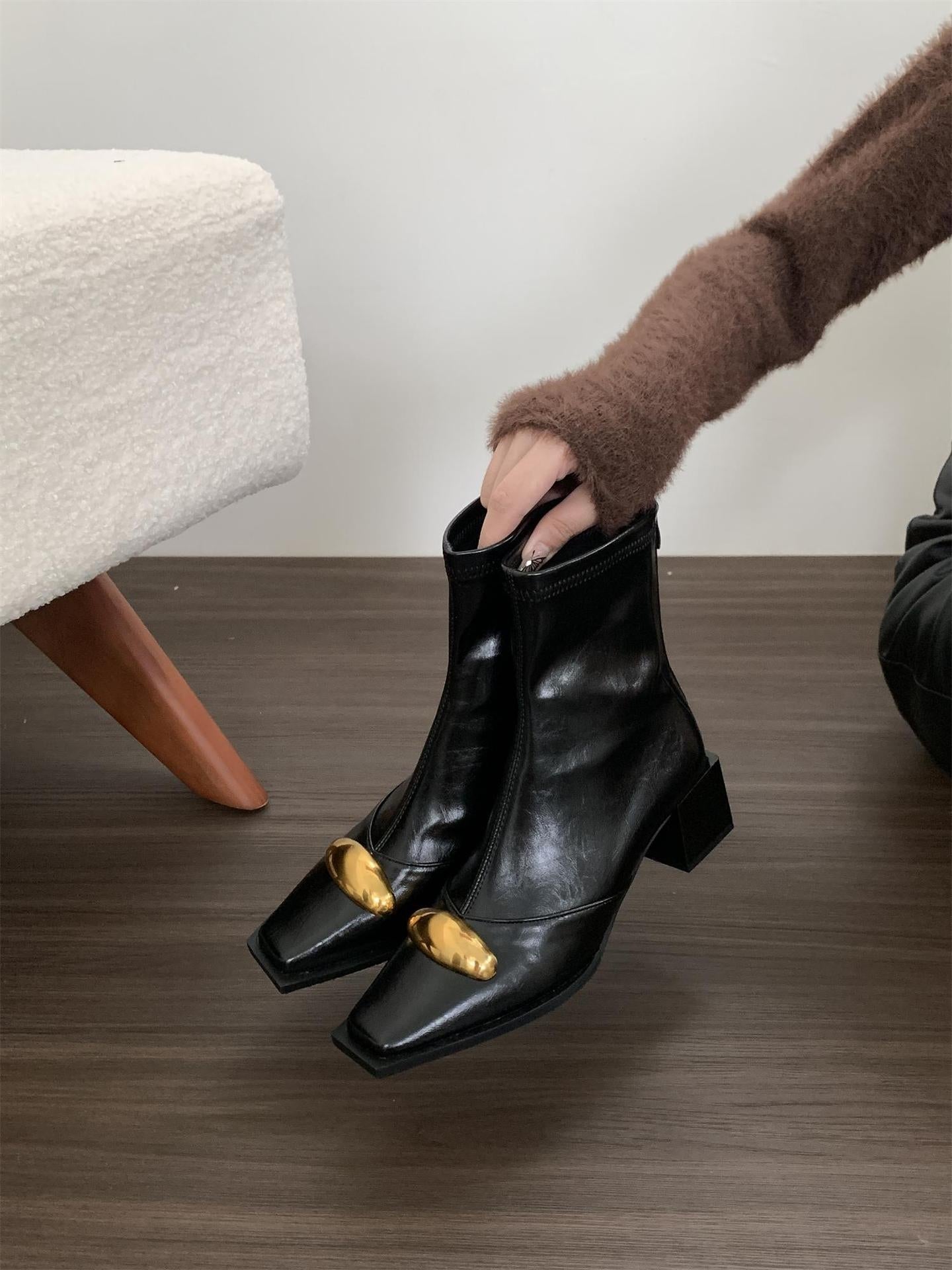Faux Leather Metallic Zipper Square Toe Ankle Boots