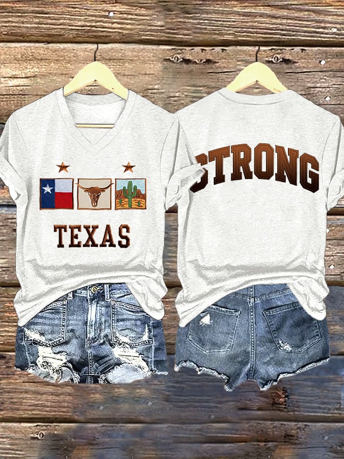 ππJoin us in praying for Texas.πV-Neck Retro Texas Strong Print T-Shirt