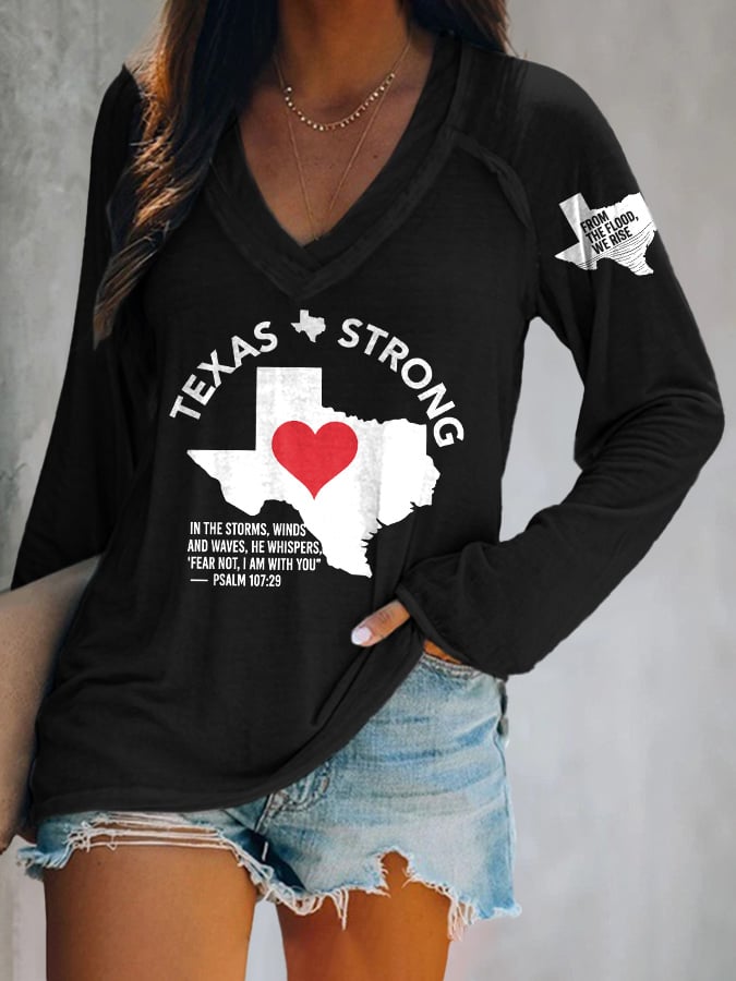 🙏💔Join us in praying for Texas.🙏V-neck Retro Texas Strong From The Flood, We Rise Texas Strong In The Storms, Winds And Waves, He Whispers,“Fear Not, I Am With You”— Psalm 107:29 Print T-Shirt