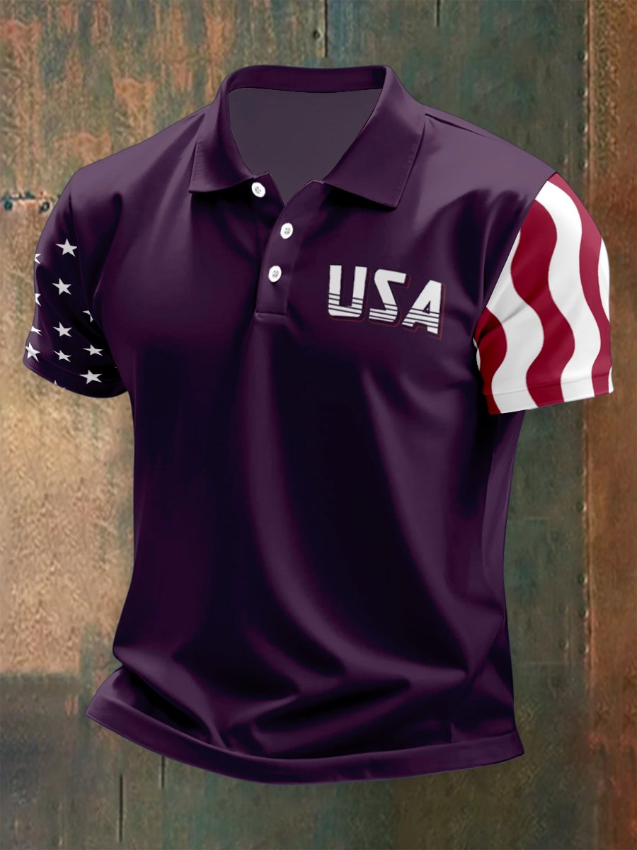Men's Outdoor Independence Day American Flag Button Short Sleeve Polo Shirt
