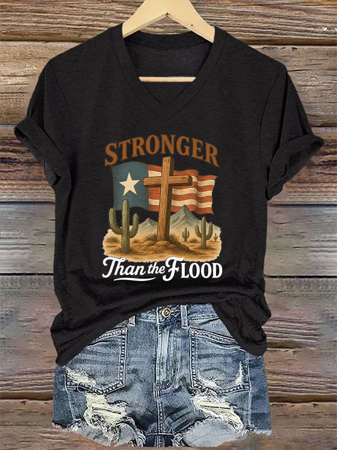 ππJoin us in praying for Texas.πV-Neck Retro Texas Strong Stronger Than The Flood Faith Cross Print T-Shirt