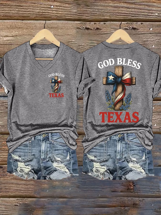 🙏💔Join us in praying for Texas.🙏Women's Retro God Bless Texas Cross Print T-Shirt