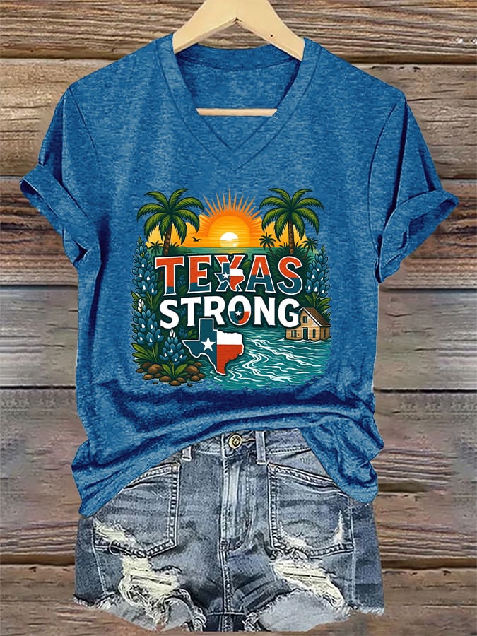 ππJoin us in praying for Texas.πV-Neck Retro Texas Strong Palm Trees Print T-Shirt