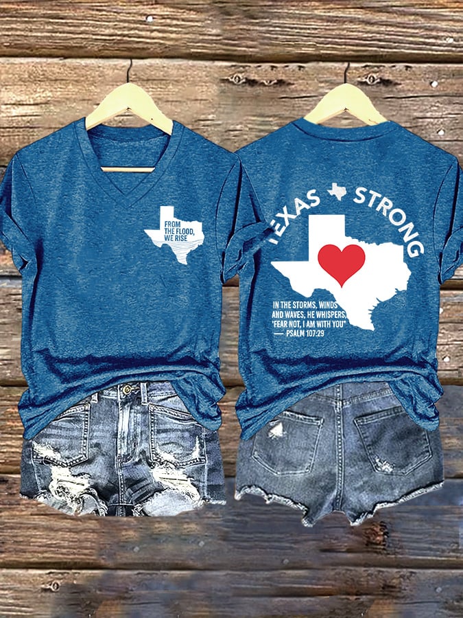 🙏💔Join us in praying for Texas.🙏V-Neck Retro Texas Strong From The Flood, We Rise Texas Strong In The Storms, Winds And Waves, He Whispers,“Fear Not, I Am With You”— Psalm 107:29 Print T-Shirt