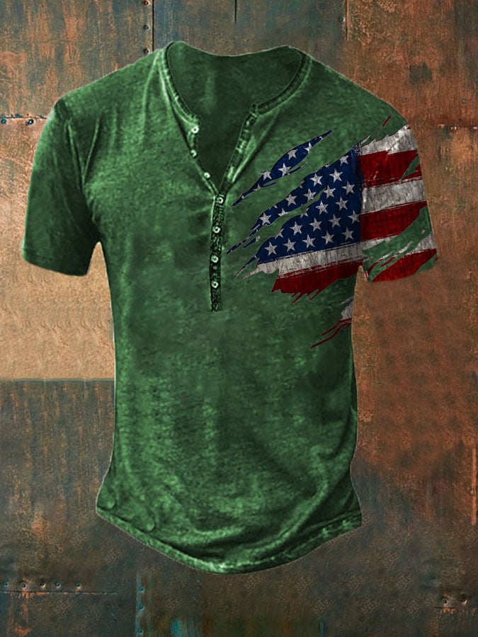 Casual Button Neck Short Sleeve Printed T-Shirt
