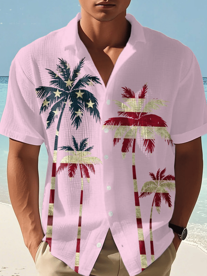 Men's Independence Day Palm Tree Print Casual Waffle Shirt